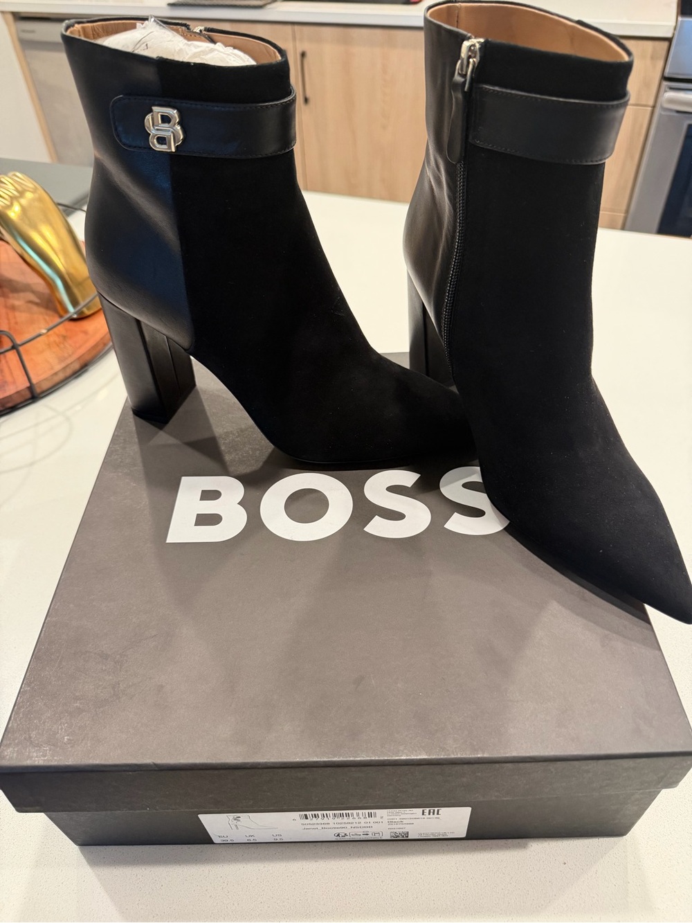 Boots Women Brand BOSS Black Suede & Leather Ankle Boots with Metal Logo